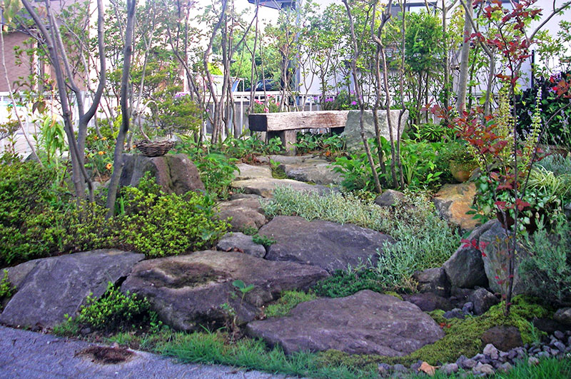 土地の石を岩盤のように荒く敷いた山道