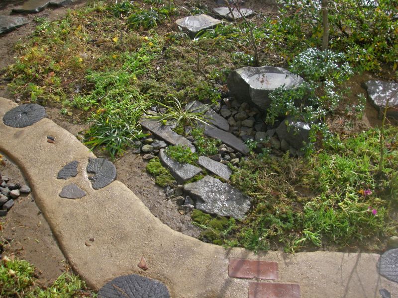 三和土の道と自然の石を割ったような水鉢。水面に庭の景色が映り込む