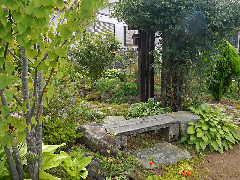 モッコウバラが絡まるパーゴラと枕木と石のベンチ